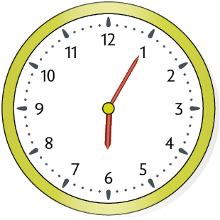 Ilustração de um relógio analógico, com o ponteiro das horas no 6 e, o dos minutos, no 1.