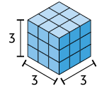 Ilustração de vários cubinhos empilhados formando um cubo maior de aresta 3.