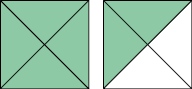 Ilustração de 2 figuras de mesmas dimensões divididas em 4 partes iguais. Na primeira figura, todas as partes estão coloridas e na segunda,  duas partes estão coloridas.