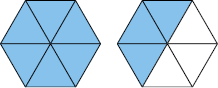 Ilustração de 2 figuras de mesmas dimensões divididas em 6 partes iguais. Na primeira figura, todas as partes estão coloridas e na segunda, 3 partes estão coloridas.