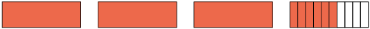 Ilustração de 4 retângulos iguais. Os 3 primeiros estão completamente pitados de vermelho e o último está dividido em 10 partes iguais, com apenas 6 pintadas de vermelho.