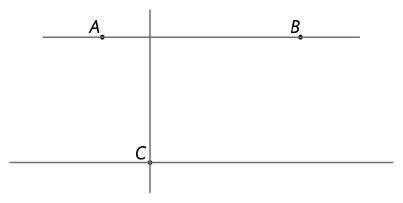 Esquema com 3 pontos desenhados, A, B, C, uma reta passando por A e B e outra reta passando por C, paralela a anterior. Há outra reta passando por C e perpendicular as duas citadas anteriormente.