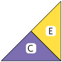 Ilustração de dois triângulos, C, E, um ao lado do outro, formando, juntos, outro triângulo.