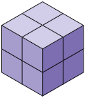 Ilustração de um cubo composto por 8 cubos menores. Em seu comprimento, largura e altura há 2 cubos.