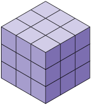 Ilustração de um cubo composto por 27 cubos menores. Em seu comprimento, largura e altura há 3 cubos.