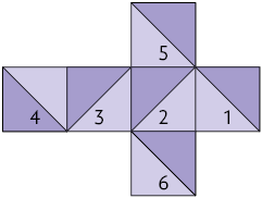 Planificação de um cubo, que é formado por 6 quadrados e todos tem um traço em sua diagonal e um número: de 1 a 6. Esse traço o separa em duas tonalidades de cores: clara e escura. 4 deles, encostados lado a lado e alinhados: quadrado 1: tem o número 4, diagonal de cima para baixo, cor escura e depois cor clara; quadrado 2: tem o número 3, diagonal de baixo para cima, cor escura e depois cor clara; quadrado 3: tem o número 2, diagonal de baixo para cima, cor escura e depois cor clara; quadrado 4: tem o número 1, diagonal de cima para baixo, cor clara e depois cor escura. Os outros dois quadrados estão, cada um encostado e com um lado em comum, com lados opostos ao terceiro quadrado. Quadrado 5: tem o número 5, diagonal de cima para baixo, cor clara e depois cor escura. Quadrado 6: tem o número 6, diagonal de cima para baixo, cor clara e depois cor escura.
