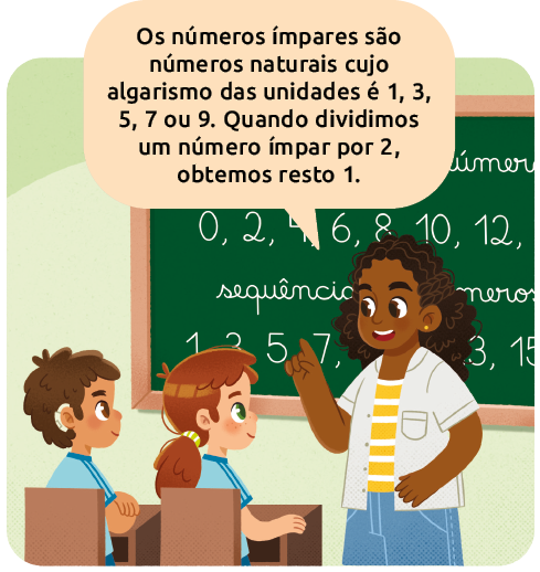 Ilustração de uma professora, em sala de aula com dois alunos. Ela diz: os números ímpares são números naturais cujo algarismo das unidades é 1, 3, 5, 7 ou 9. Quando dividimos um número ímpar por 2, obtemos resto 1.