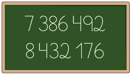 Ilustração de uma lousa com os números 7386492 e 8432176 escritos.