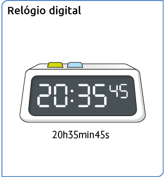 Ilustração de um relógio digital, que apresenta em sua tela: 20, dois pontos, 35, e o número 45 em tamanho menor, em cima. Abaixo, há a indicação do horário: 20 h, 35 min, 45 s.