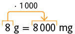 Esquema com a igualdade 8 gramas igual a 8000 miligramas. Há uma seta do 8 ao 8000, indicando a operação vezes 1000.