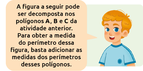 Ilustração do busto de um menino dizendo: A figura a seguir pode ser decomposta nos polígonos A, B e C da atividade anterior. Para obter a medida do perímetro dessa figura, basta adicionar as medidas dos perímetros desses polígonos.