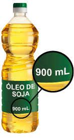 Ilustração de uma garrafa de óleo. A informação textual é: 'Óleo de soja'. Há destaque para a informação: '900 mililitros'.