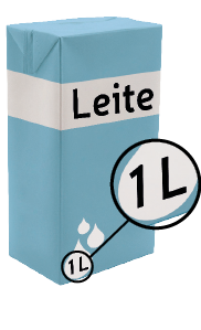 Ilustração de uma caixa de leite. A informação textual é: 'Leite'. Há destaque para a informação: '1 litro'.