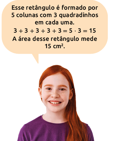 Fotografia de uma menina dizendo: Esse retângulo é formado por 5 colunas com 3 quadradinhos em cada uma. 3 mais 3 mais 3 mais 3 mais 3, igual a 5 vezes 3, igual a 15. A área desse retângulo mede 15 centímetros quadrados.