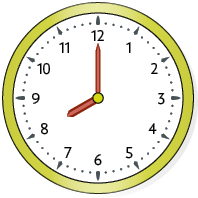 Ilustração de um relógio de ponteiros com o ponteiro das horas no número 8 e o ponteiro dos minutos no número 12.