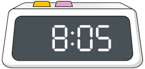 Ilustração de um relógio digital indicando 8 horas e 5 minutos.