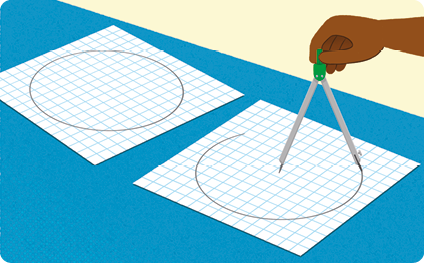 Ilustração de duas folhas quadriculadas em cima de uma mesa, uma com uma circunferência desenhada e outra uma mão segurando um compasso e terminando o desenho de outra uma circunferência.