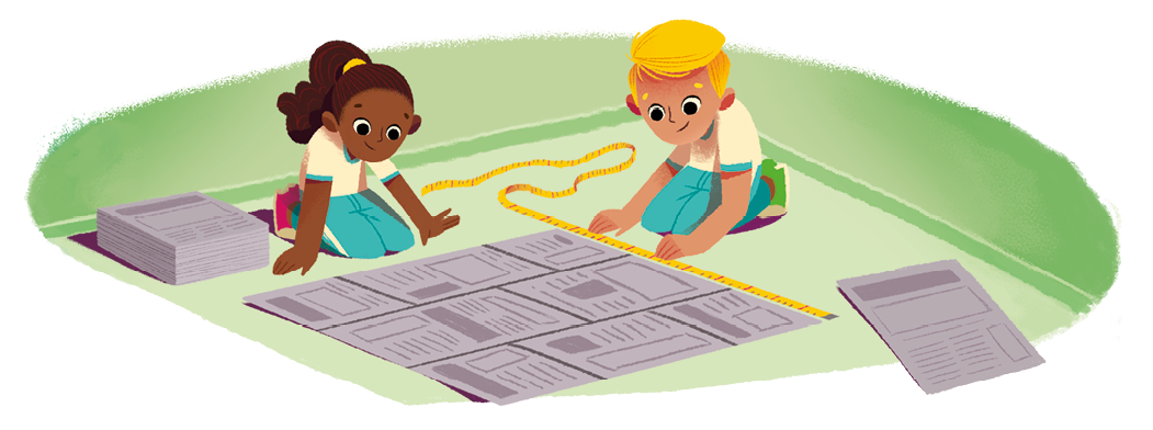 Ilustração de um menino e uma menina ajoelhados no chão diante de um quadrado feito com folhas de jornal. Com uma fita métrica, o menino está medindo um lado desse quadrado.