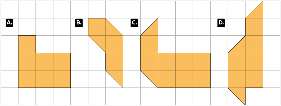 Ilustração de uma malha quadriculada com 4 figuras planas irregulares, formadas por quadradinhos pintados. A figura A possui 7 quadradinhos pintados, a figura B possui 3 quadradinhos e 3 metades pintadas, a figura C possui 8 quadradinhos e 2 metades pintadas, a figura D possui 7 quadradinhos e 3 metades pintadas.