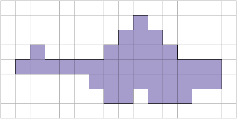 Ilustração de uma malha quadriculada uma figura irregular, formada por quadradinhos pintados. Há 38 quadradinhos pintados e o contorno dessa figura segue por 44 lados de quadradinhos.
