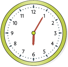 Ilustração de um relógio analógico indicando 6 horas e 5 minutos.