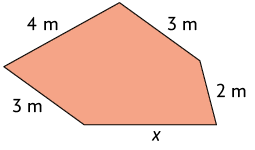 Ilustração de um pentágono irregular com as indicações dos seus lados medindo: 3 metros, 4 metros, 3 metros, 2 metros e x.