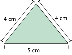 Ilustração de um triângulo com a indicação de que os lados medem 4 centímetros, 4 centímetros e 5 centímetros.