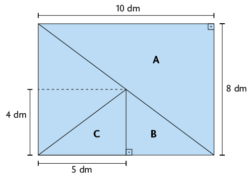 Ilustração de um retângulo formado por 4 triângulos. Está indicado que o retângulo tem 10 decímetros de comprimento e 8 decímetros de largura, os quais também são as medidas de dois lados, do triângulo A. Os triângulos B e C são iguais e têm um lado com 5 decímetros, que é comum com a metade do comprimento do retângulo. E tem outro lado com 4 decímetros, sendo comum a metade da largura do retângulo.