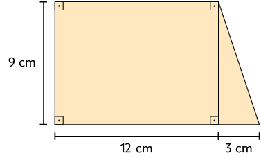 Ilustração de um trapézio formado por um retângulo e um triângulo retângulo. Há a demarcação de que medida do comprimento do retângulo é 12 centímetros e a medida da largura é 9 centímetros. A medida do lado triângulo que segue o lado de 12 centímetros é igual a 3 centímetros.