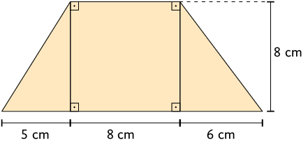 Ilustração de um trapézio formado por um retângulo e dois triângulos retângulo. Há a demarcação de que medida do comprimento do retângulo é 8 centímetros e a medida da altura do retângulo e triângulo é igual, 8 centímetros. A medida do lado do triângulo da esquerda, que segue o lado de 8 centímetros, é igual a 5 centímetros, e a medida do lado do triângulo da direita é 6 centímetros.