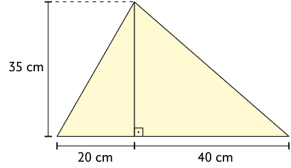 Ilustração de uma figura plana no formato de um triângulo, composta por dois triângulos retângulos que possuem um lado em comum, a altura. Há a indicação de que a altura deles mede 35 centímetros, um lado do primeiro mede 20 centímetros e um lado do segundo mede 40 centímetros.