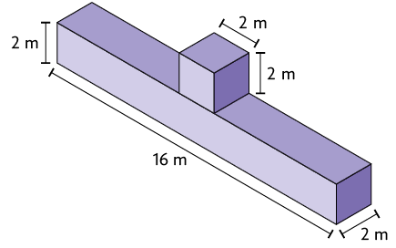 Ilustração de dois paralelepípedos retos retângulos, um acima do outro. O de baixo possui a demarcação de 16 metros de comprimento, 2 metros de largura e 2 metros de altura, enquanto o de cima possui as medidas de 2 metros de comprimento e 2 metros de altura. O paralelepípedo de cima possui a mesma largura que o de baixo.