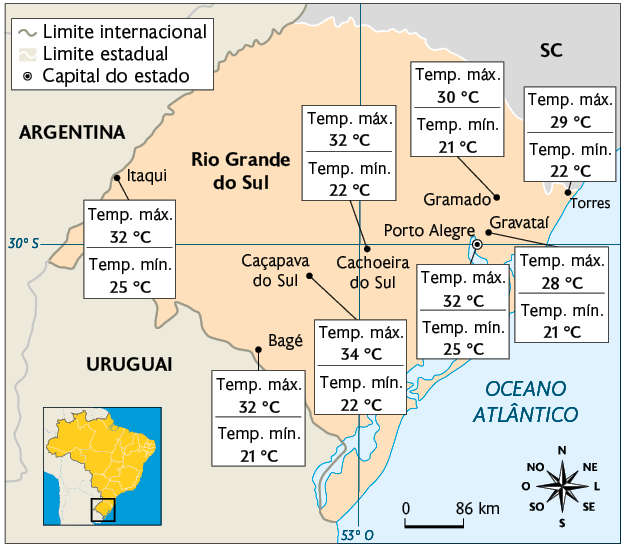 Mapa do estado Rio Grande do Sul. Há a indicação da temperatura máxima e temperatura mínima para algumas cidades. Itaqui: máxima de 32 graus celsius e mínima de 25 graus celsius; Bagé: máxima de 32 graus celsius e mínima de 21 graus celsius; Caçapava do sul: máxima de 34 graus celsius e mínima de 22 graus celsius; Cachoeira do Sul: máxima de 32 graus celsius e mínima de 22 graus celsius; Porto Alegre: máxima de 32 graus celsius e mínima de 25 graus celsius; Gramado: máxima de 30 graus celsius e mínima de 21 graus celsius; Gravataí: máxima de 28 graus celsius e mínima de 21 graus celsius; Torres: máxima de 29 graus celsius e mínima de 22 graus celsius.