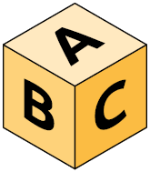 Ilustração de um cubo com 3 faces aparentes com indicação de letras em cada uma delas. As faces frontais possuem as letras B e C e a face de cima possui a letra A.