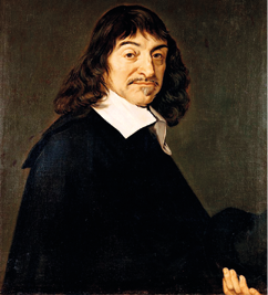 Pintura a óleo de um homem (René Descartes) visto da cintura pra cima. Ele tem cabelo até os ombros, pele branca, bigode fino e sobrancelhas marcadas. Está sentado com as mãos sobre a perna. 