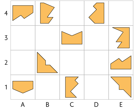 Ilustração de malha quadriculada numerada na vertical de 1 a 4 e na horizontal de A até E. Dentro dos 10 quadradinhos da malha, estão partes de 5 quadrados, como se fosse um quebra-cabeça de duas partes. Todas as partes se encaixam usando a parte interna do quadrado (centro). As figuras da posição A e 4, E e 2, já estão relacionadas com o quebra-cabeça. Parte A e 1, o quebra-cabeça tem uma ponta grande para fora. Posição B e 2, tem uma ponta pequena e para dentro, no centro. Posição B e 4, tem duas pontas grandes para fora. Posição C e 1: duas pontas para dentro: uma pequena e uma grande. Posição C e 3: uma ponta grande para dentro. Posição D e 4: duas pontas para fora: uma pequena e uma grande.  Posição E e 1, tem uma ponta pequena e para fora, no centro. Posição E e 3, tem duas pontas grandes para dentro.