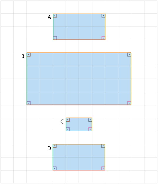 Ilustração de uma malha quadriculada com 4 figuras: A, B, C, D. Figura A: retângulo 4 unidades de comprimento, 2 unidades de altura. Figura B: retângulo 8 unidades de comprimento, 4 unidades de altura. Figura C: retângulo 2 unidades de comprimento, 1 de altura. Figura D: retângulo 4 unidades de comprimento, 2 unidades de altura. Figura 5: retângulo 4 unidades de comprimento e 8 unidades de altura. 