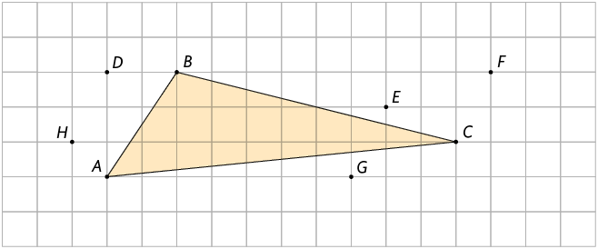 Ilustração de uma malha quadriculada, com um triângulo A B C e 5 pontos retratados ao redor do triângulo: D até H. Ponto A: com coordenadas 1 e 0. Ponto B: com coordenadas 3 e 3. Ponto C: com coordenadas 11 e 1. Ponto H: está a 1 unidade à esquerda e 1 unidade  acima de A. Ponto D: localizado 2 unidades à esquerda do ponto B. Ponto G: 3 unidades à esquerda e 1 unidade abaixo de C. Ponto E: 2 unidades à esquerda e 1 unidade acima de C. Ponto F: 1 unidade à direita e 2 unidades acima de C. 