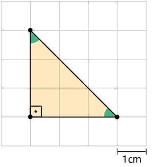 Ilustração de uma malha quadriculada, com um triângulo retângulo com 3 quadradinhos de medida de base e 3 de medida da altura. Há uma indicação no quadradinho da malha: '1 centímetro'.