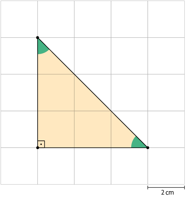 Ilustração de uma malha quadriculada, com um triângulo retângulo com 3 quadradinhos de medida de base e 3 de medida da altura. Há uma indicação no quadradinho da malha: '2 centímetros'.