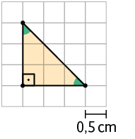 Ilustração de uma malha quadriculada, com um triângulo retângulo com 3 quadradinhos de medida de base e 3 de medida da altura. Há uma indicação no quadradinho da malha: '0,5 centímetro'.