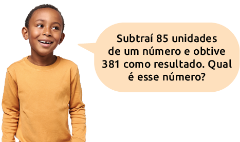 Fotografia de um menino  dizendo: Subtraí 85 unidades de um número e obtive 381 como resultado. Qual é esse número?