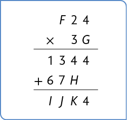 Algoritmo da multiplicação, de F 2 4, vezes 3 G que resulta em 1344 mais 6 7 H igual a I J K 4.