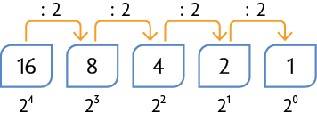 Esquema com os números 16, 8, 4, 2, 1, nessa ordem, e embaixo deles as potências 2 elevado a quarta potência, 2 elevado a terceira potência, 2 elevado a segunda potência, 2 elevado a primeira potência, 2 elevado a 0, respectivamente. A cada número há uma seta para o próximo com a operação 'dividido por 2' representada. 