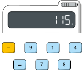 Ilustração do visor de calculadora com o número 115 ponto. Abaixo há as teclas com os números 9, 1, 4, 7, 8, o sinal de igualdade e o de subtração.