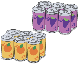 Ilustração de duas embalagens, uma com 6 latas de suco de uva e a outra com 6 latas de suco de laranja.