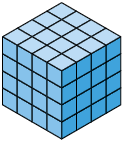 Ilustração de uma pilha de cubos, em que a largura, comprimento e altura são compostos por 4 cubos.