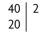 Decomposição de número composto. Há um segmento de reta na vertical, com os seguintes números: na primeira linha: 40 à esquerda e o 2 à direita do segmento e na segunda linha, 20 à esquerda. 