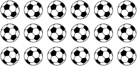 Ilustração de bolas de futebol alinhadas em 3 fileiras e 6 colunas.