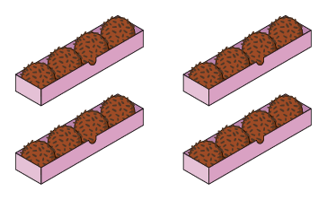 Ilustração de 16 bombons, embalados em 4 caixas com 4 bombons em cada uma delas.